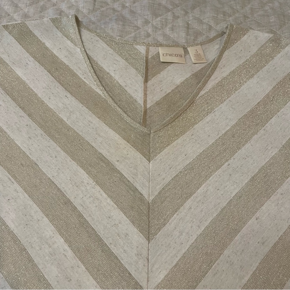 Chico’s Tan Linen Metallic Gold Diagonal Stripe V-Neck Top Chico’s size 3 / XL - Picture 5 of 11